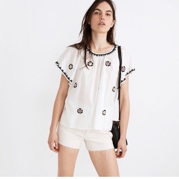 Madewell Tops - Madewell slightly sheer white cotton top w/ black, red & yellow embroidery. S